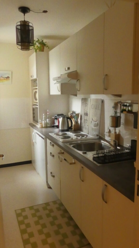 Cuisine équipée avec plaques électriques, four et lave-vaisselle