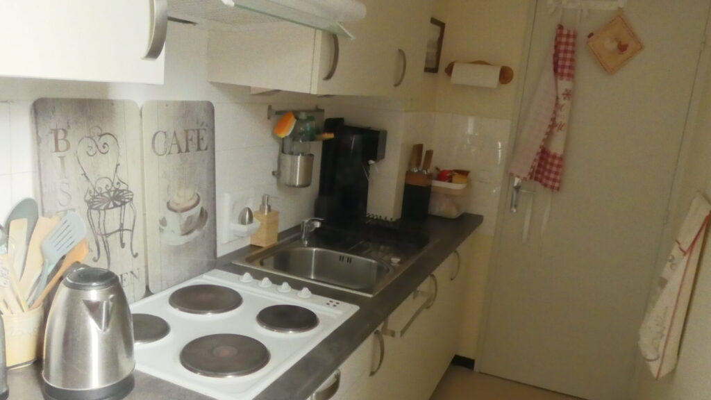 Cuisine équipée avec plaques électriques et hotte